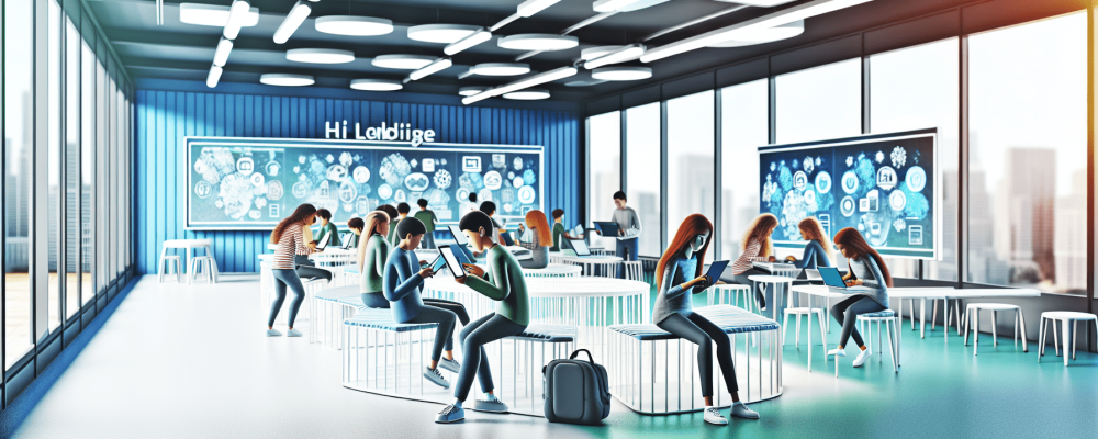 Alunos em sala de aula moderna, interagindo com dispositivos digitais sob luz natural, promovendo aprendizagem híbrida e inclusiva.