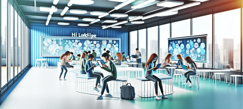 Alunos em sala de aula moderna, interagindo com dispositivos digitais sob luz natural, promovendo aprendizagem híbrida e inclusiva.