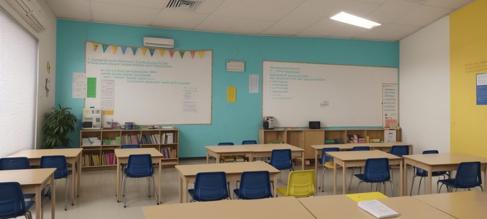 Sala de aula inclusiva alegrando alunos com diferentes habilidades envolvidos em atividades colaborativas, valorizando a educação inclusiva.