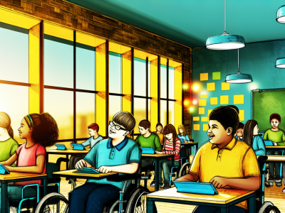 Alunos diversos em sala de aula inclusiva usando tablets e tecnologia assistiva com luz natural.