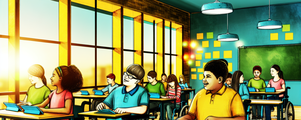 Alunos diversos em sala de aula inclusiva usando tablets e tecnologia assistiva com luz natural.