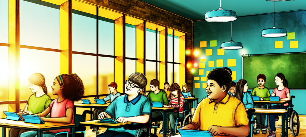 sala-de-aula-inclusiva-tecnologia.webp Alunos diversos em sala de aula inclusiva usando tablets e tecnologia assistiva com luz natural.