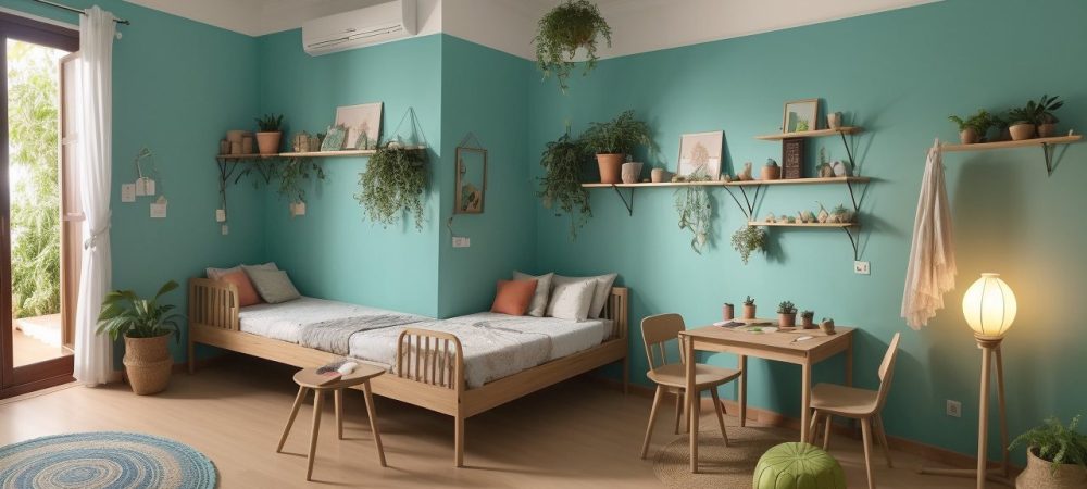 Crianças em sala de aula Montessori, explorando áreas de aprendizagem com materiais sensoriais em ambiente acolhedor e iluminado.