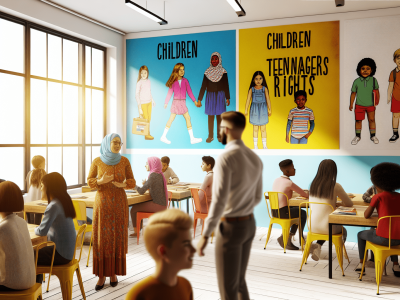 Educadores e alunos em sala de aula moderna com cartazes sobre direitos das crianças e adolescentes, em ambiente motivador.