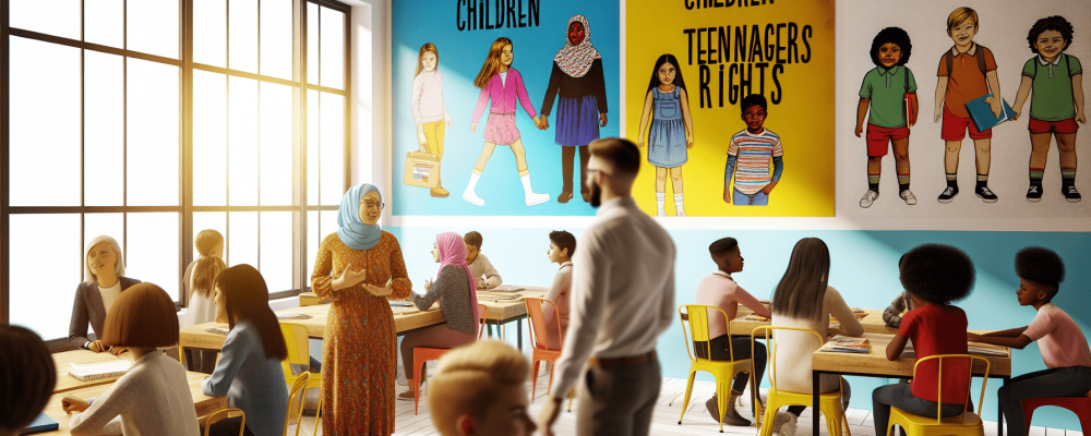 Educadores e alunos em sala de aula moderna com cartazes sobre direitos das crianças e adolescentes, em ambiente motivador.