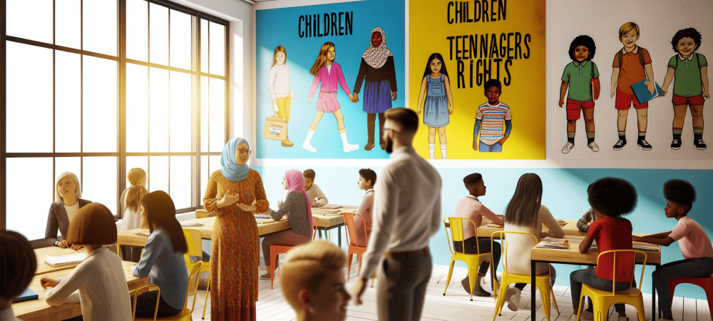 sala-inclusiva-direitos-criancas.webp Educadores e alunos em sala de aula moderna com cartazes sobre direitos das crianças e adolescentes, em ambiente motivador.