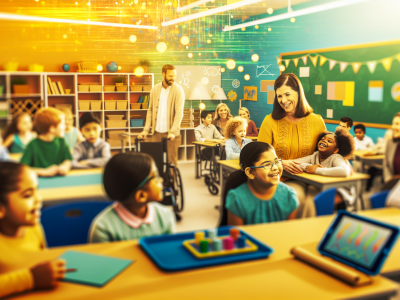 Sala de aula inclusiva vibrante, crianças com diferentes habilidades, interação alegre com educador, diversidade e colaboração.