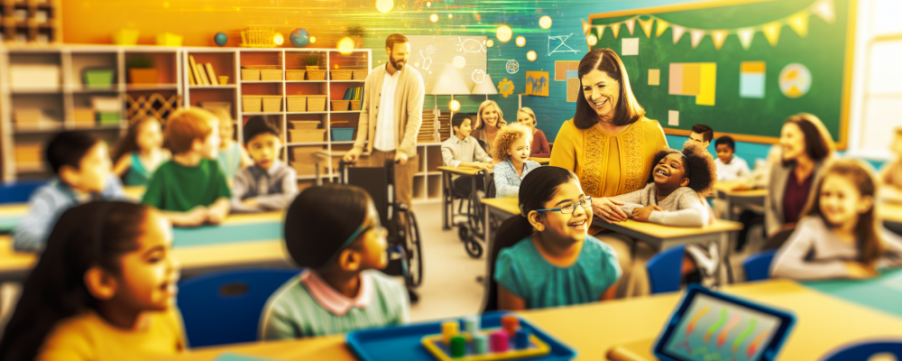 Sala de aula inclusiva vibrante, crianças com diferentes habilidades, interação alegre com educador, diversidade e colaboração.
