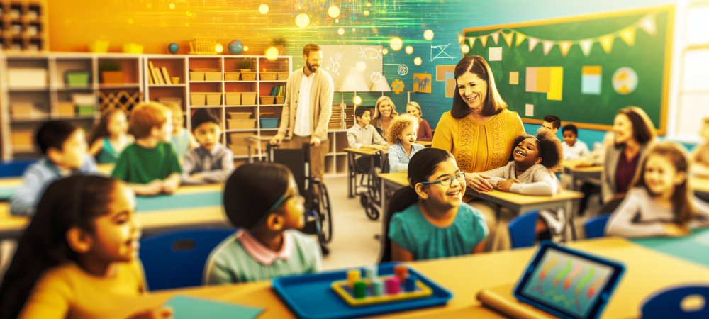 Sala de aula inclusiva vibrante, crianças com diferentes habilidades, interação alegre com educador, diversidade e colaboração.