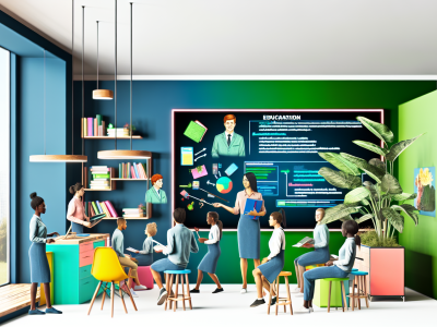 Professores e alunos interagem em sala moderna sobre legislação educacional, com lousa digital e ambiente acolhedor em azul e verde.