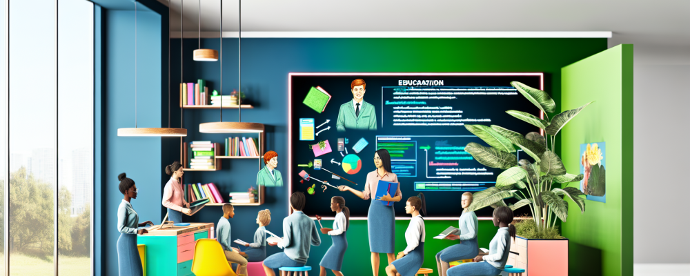 Professores e alunos interagem em sala moderna sobre legislação educacional, com lousa digital e ambiente acolhedor em azul e verde.