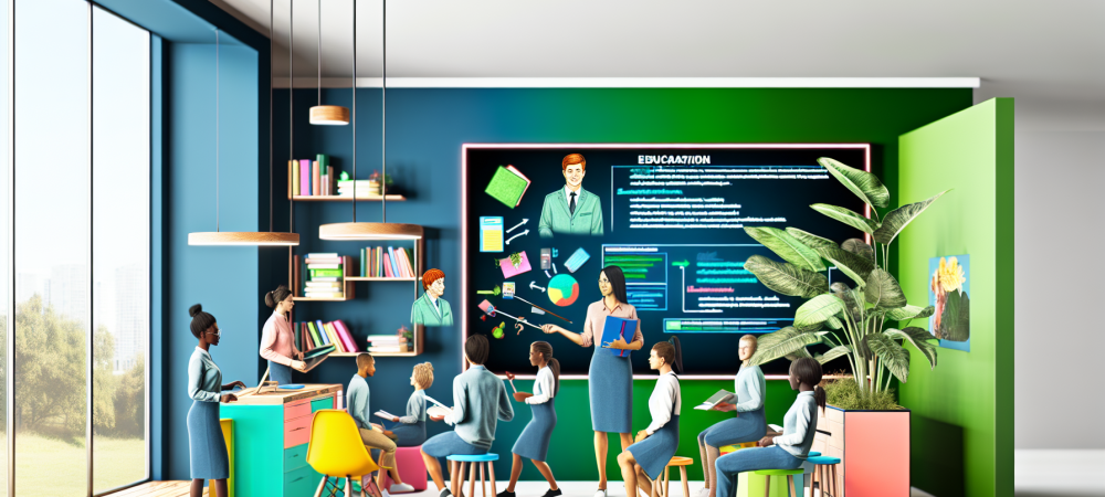 Professores e alunos interagem em sala moderna sobre legislação educacional, com lousa digital e ambiente acolhedor em azul e verde.