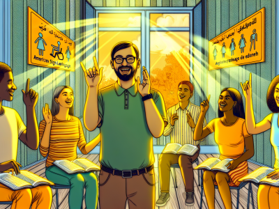 Professor surdo ensina Língua Brasileira de Sinais em sala moderna com alunos diversificados.