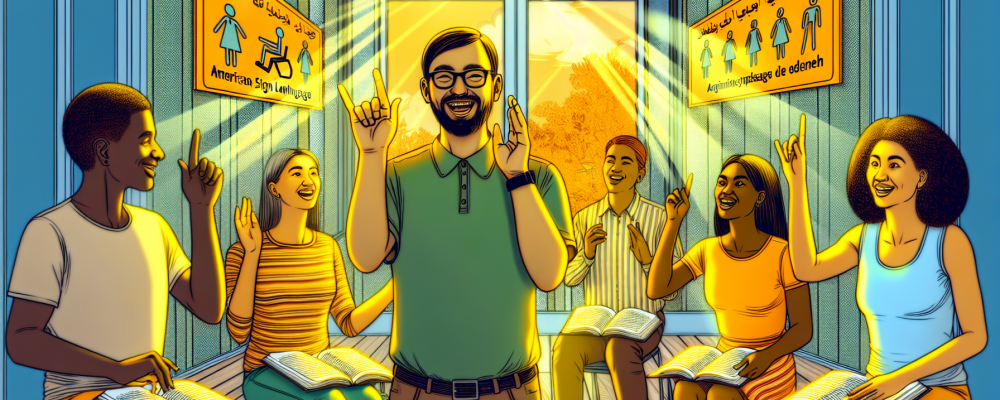 Professor surdo ensina Língua Brasileira de Sinais em sala moderna com alunos diversificados.