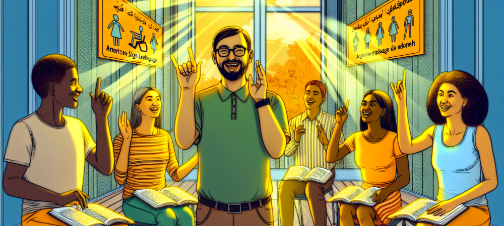 sala-libras-ensino-inclusivo.webp Professor surdo ensina Língua Brasileira de Sinais em sala moderna com alunos diversificados.