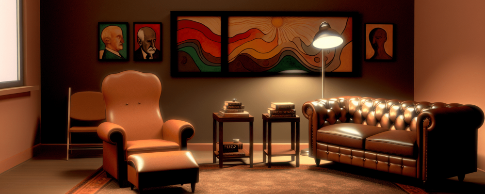 Sala aconchegante de psicanálise com divã marrom, livros sobre Freud e decoração de estilo terroso.