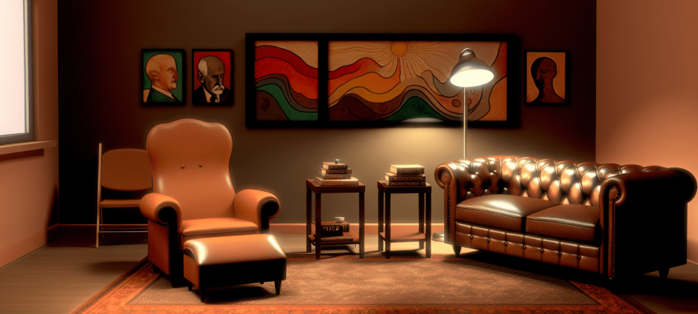 Sala aconchegante de psicanálise com divã marrom, livros sobre Freud e decoração de estilo terroso.