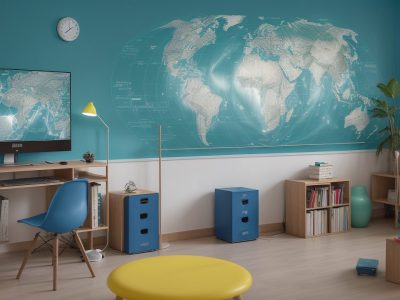 Alunos engajados em uma sala de aula moderna interagindo com assistente virtual ChatGPT em um ambiente educacional vibrante.