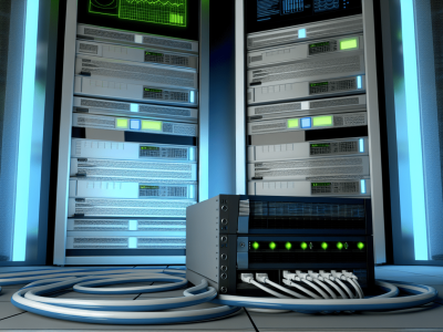 Moderna sala de servidores de rede com equipamentos conectados, iluminada por luzes azuis e verdes, destacando eficiência e segurança.