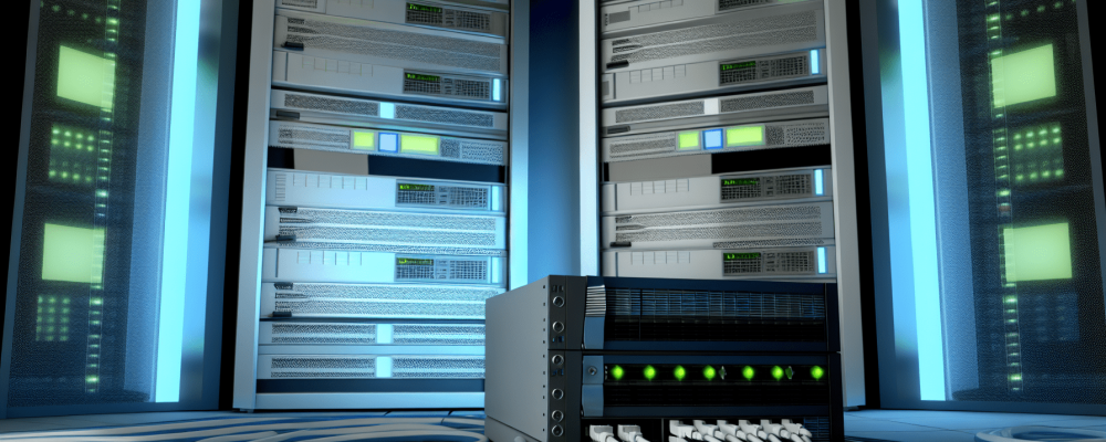Moderna sala de servidores de rede com equipamentos conectados, iluminada por luzes azuis e verdes, destacando eficiência e segurança.