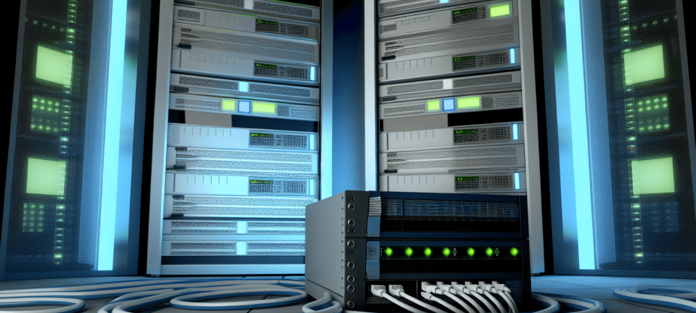 seguranca-eficiencia-redes-computadores.webp Moderna sala de servidores de rede com equipamentos conectados, iluminada por luzes azuis e verdes, destacando eficiência e segurança.