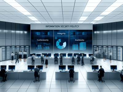 Escritório moderno do setor público com computadores e servidores, destacando política de segurança da informação e gráficos sobre confidencialidade.