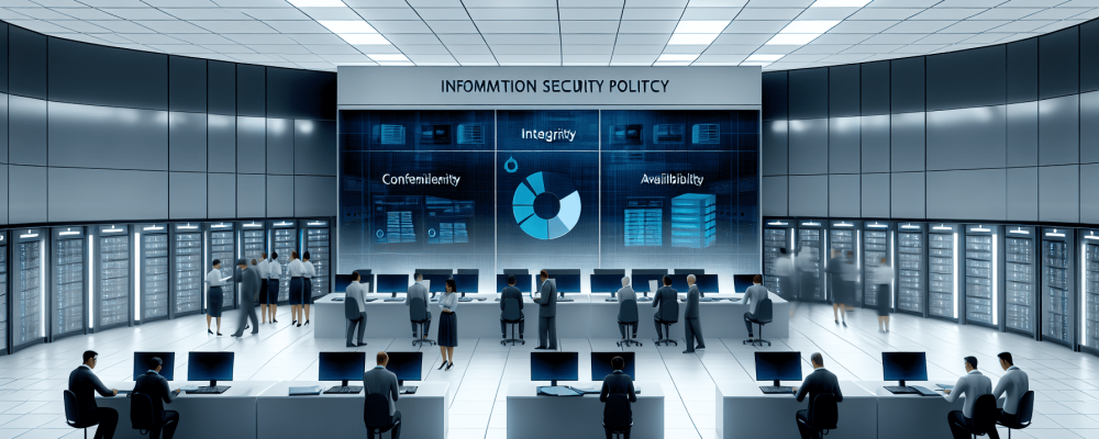 Escritório moderno do setor público com computadores e servidores, destacando política de segurança da informação e gráficos sobre confidencialidade.