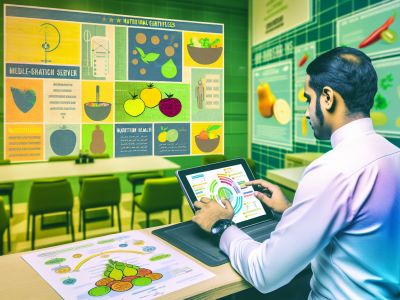 Servidor analisando dados nutricionais em tablet com gráficos coloridos de alimentação saudável e wellness em ambiente público.