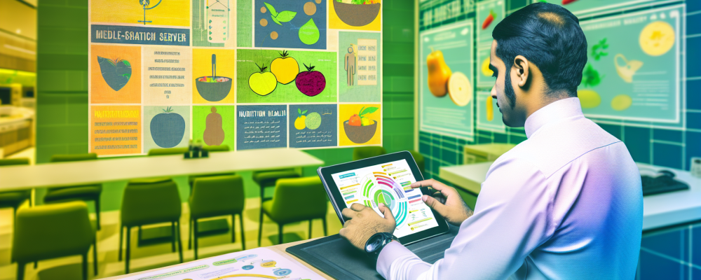 Servidor analisando dados nutricionais em tablet com gráficos coloridos de alimentação saudável e wellness em ambiente público.