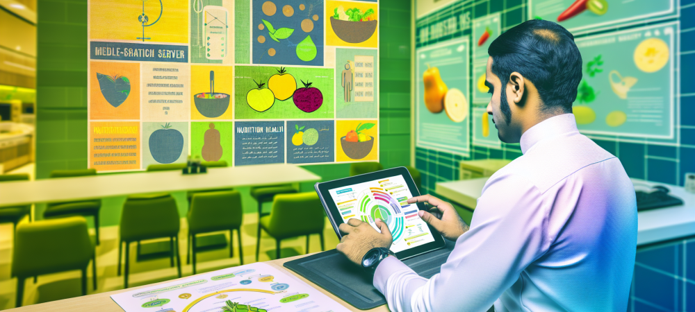 Servidor analisando dados nutricionais em tablet com gráficos coloridos de alimentação saudável e wellness em ambiente público.