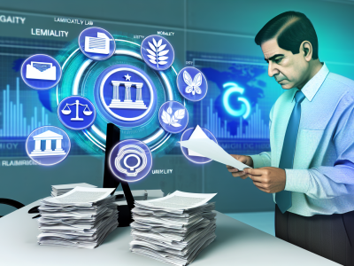 Servidor público em um escritório moderno revisando documentos com símbolos de direito administrativo como legalidade e moralidade no quadro.