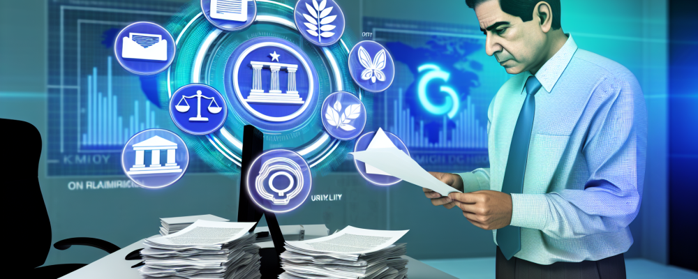 Servidor público em um escritório moderno revisando documentos com símbolos de direito administrativo como legalidade e moralidade no quadro.