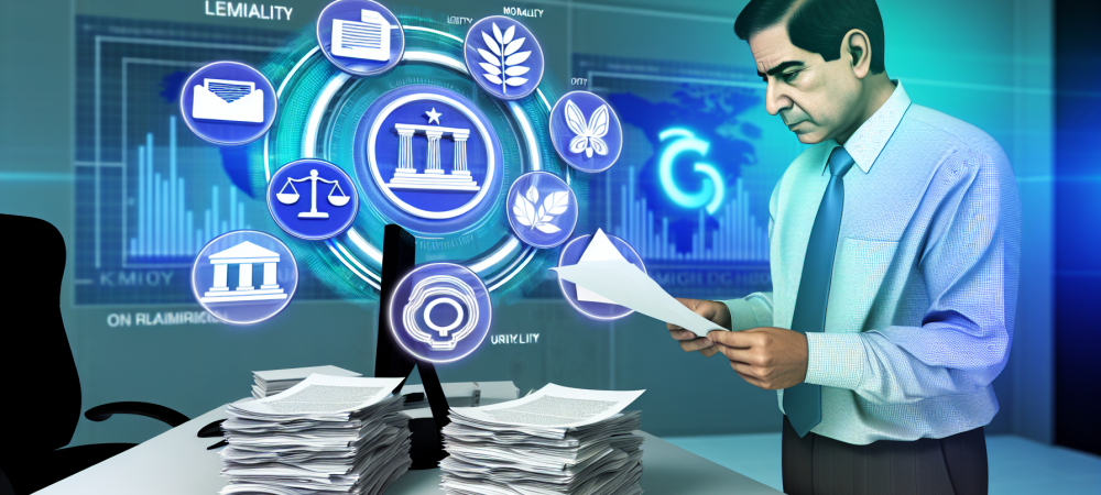 Servidor público em um escritório moderno revisando documentos com símbolos de direito administrativo como legalidade e moralidade no quadro.