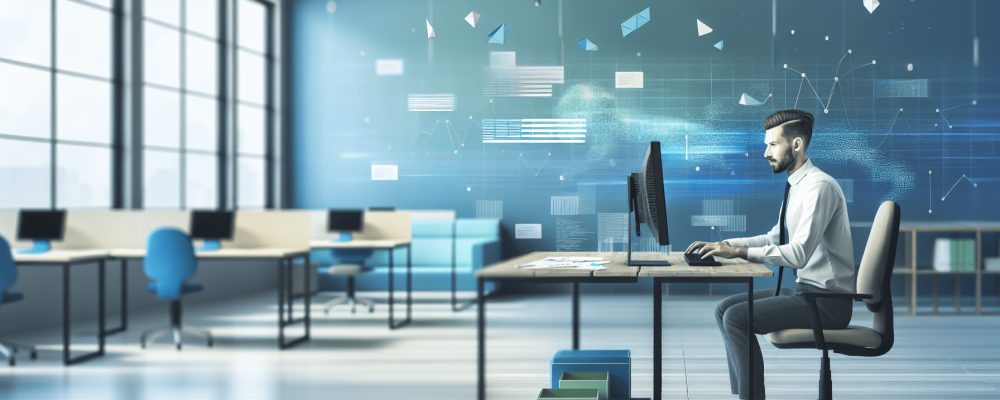 Servidor público em escritório programando algoritmos com gráficos, refletindo eficiência e lógica de programação.