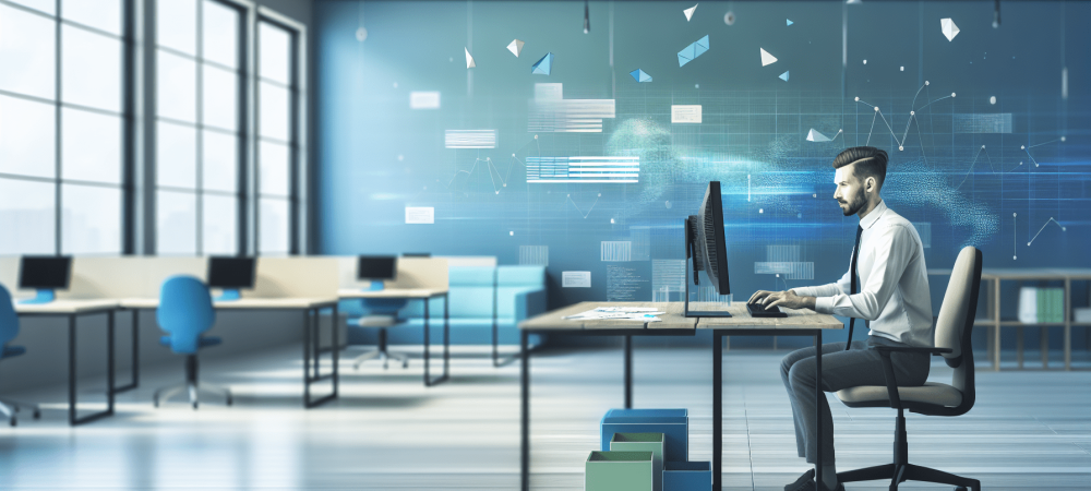 Servidor público em escritório programando algoritmos com gráficos, refletindo eficiência e lógica de programação.