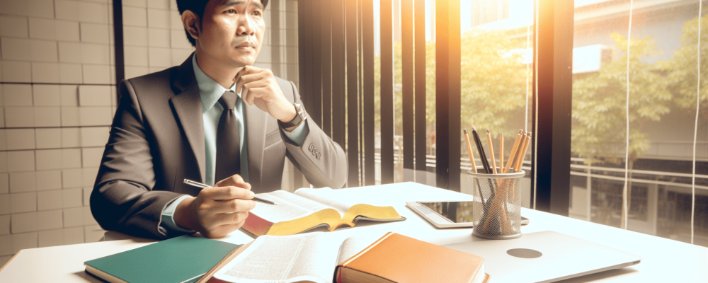 Servidor público em ambiente moderno com bíblia aberta e cadernos, refletindo sobre ética.