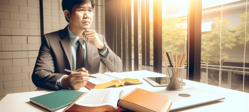 Servidor público em ambiente moderno com bíblia aberta e cadernos, refletindo sobre ética.