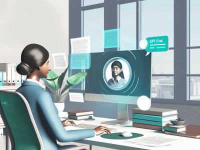 Servidor público em escritório moderno usando Chat GPT com interface digital, destacando tecnologia e eficiência