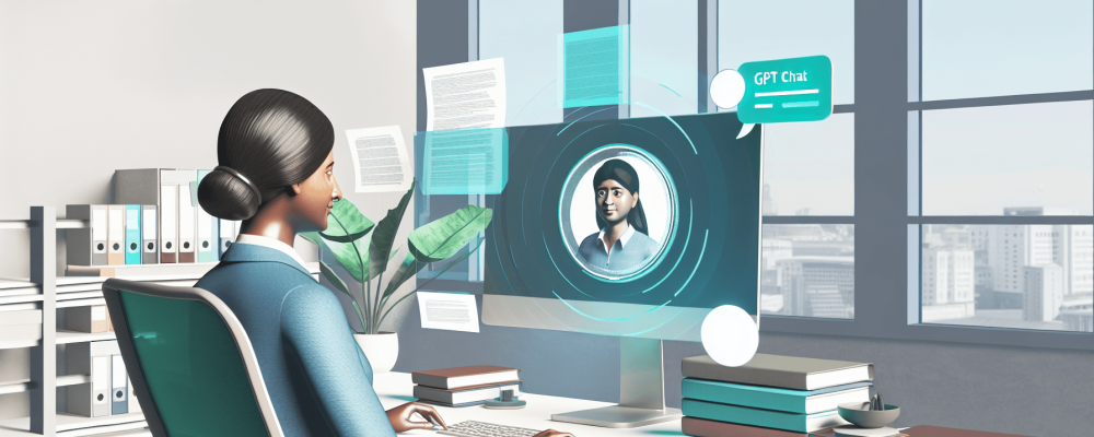 Servidor público em escritório moderno usando Chat GPT com interface digital, destacando tecnologia e eficiência