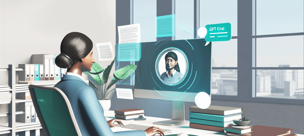 Servidor público em escritório moderno usando Chat GPT com interface digital, destacando tecnologia e eficiência