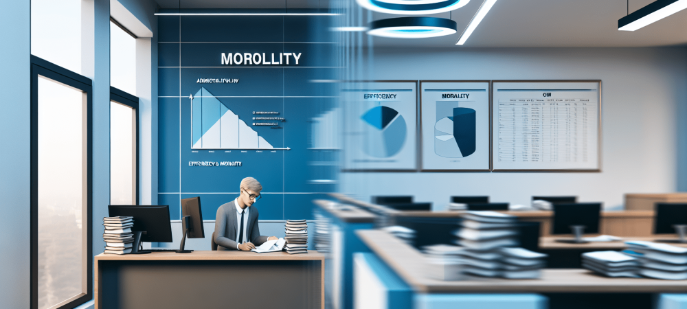 Servidor público em escritório moderno concentrado em documentos e computador, destacando direito administrativo.