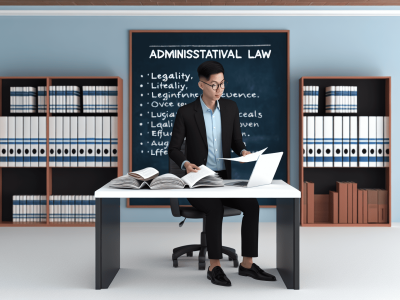 Servidor público analisando documentos de direito administrativo em um escritório com livros jurídicos e lousa sobre princípios legais.