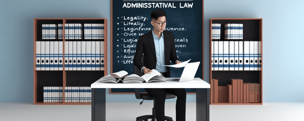 Servidor público analisando documentos de direito administrativo em um escritório com livros jurídicos e lousa sobre princípios legais.