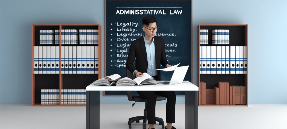 Servidor público analisando documentos de direito administrativo em um escritório com livros jurídicos e lousa sobre princípios legais.