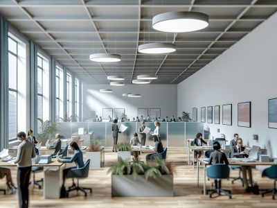 Servidores públicos revisando documentos em um escritório moderno, aplicando a Lei nº 8.112/90 em discussões construtivas e colaborativas.