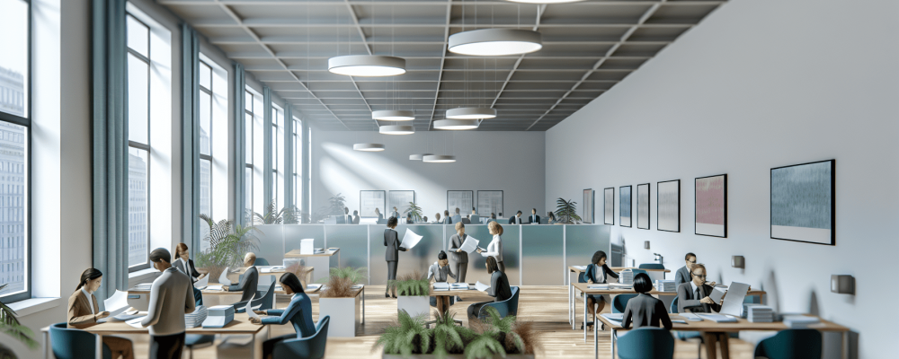 Servidores públicos revisando documentos em um escritório moderno, aplicando a Lei nº 8.112/90 em discussões construtivas e colaborativas.