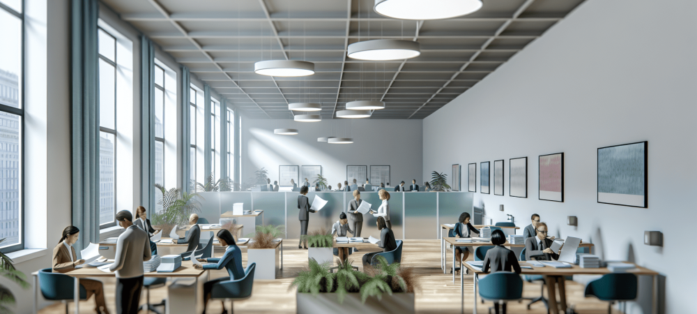 Servidores públicos revisando documentos em um escritório moderno, aplicando a Lei nº 8.112/90 em discussões construtivas e colaborativas.