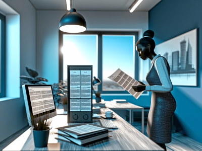 Servidor público em escritório moderno examinando documento da Lei nº 8.112/90, com plantas e computador, iluminado naturalmente.