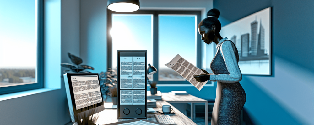 Servidor público em escritório moderno examinando documento da Lei nº 8.112/90, com plantas e computador, iluminado naturalmente.