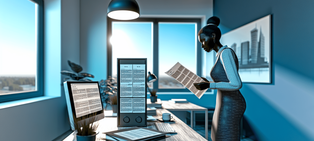 Servidor público em escritório moderno examinando documento da Lei nº 8.112/90, com plantas e computador, iluminado naturalmente.